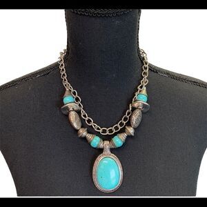 Turquoise coloured bohemian tribal native layered Silvertone statement necklace